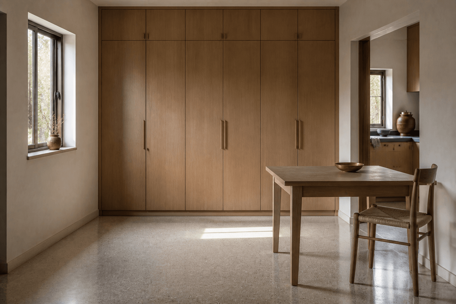 Compact Indian room in daylight with a clear table, closed joinery and a floor that can take another use by evening