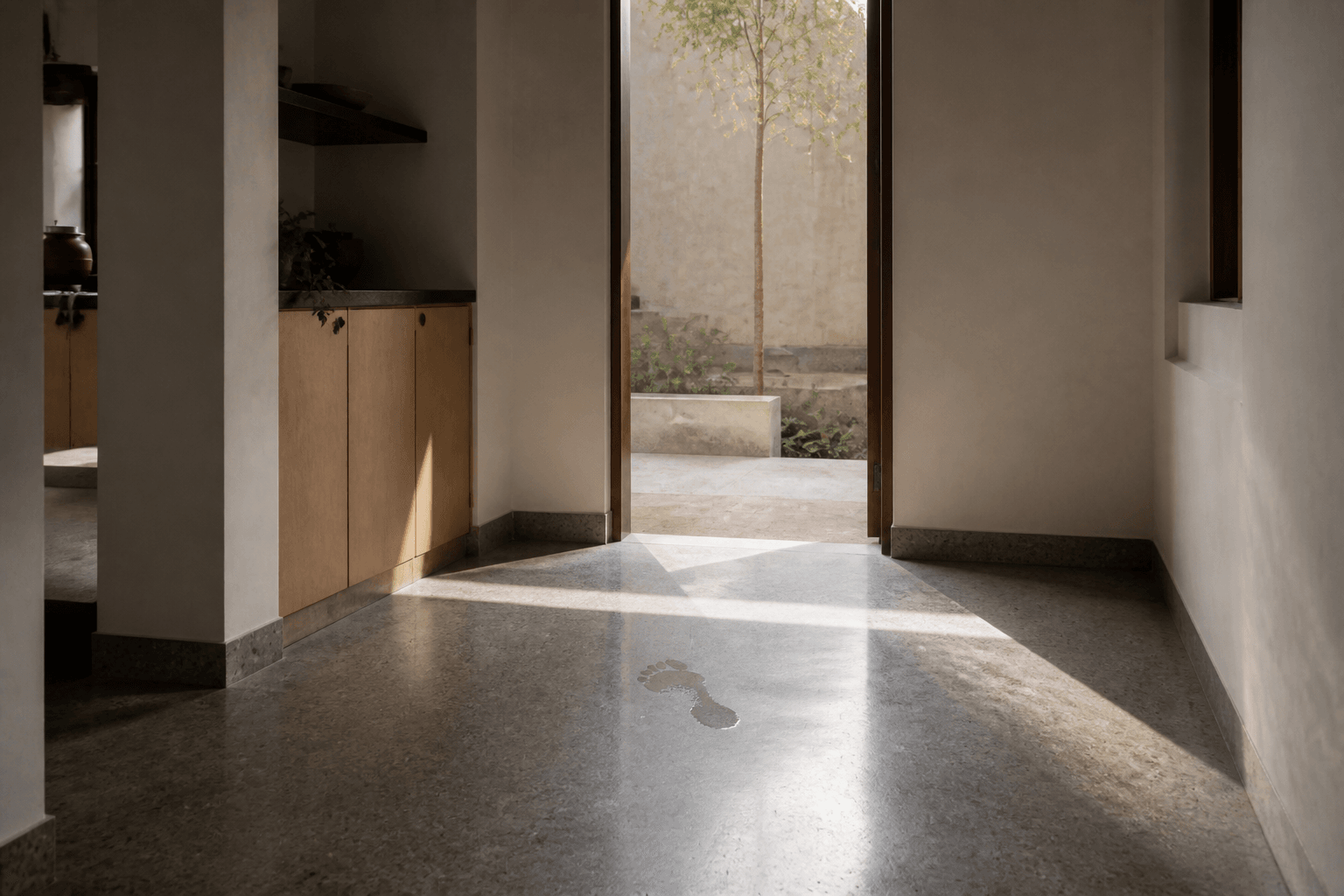 Honed stone floor in an Indian house, with a wet footprint near a threshold and late-morning light across the grain