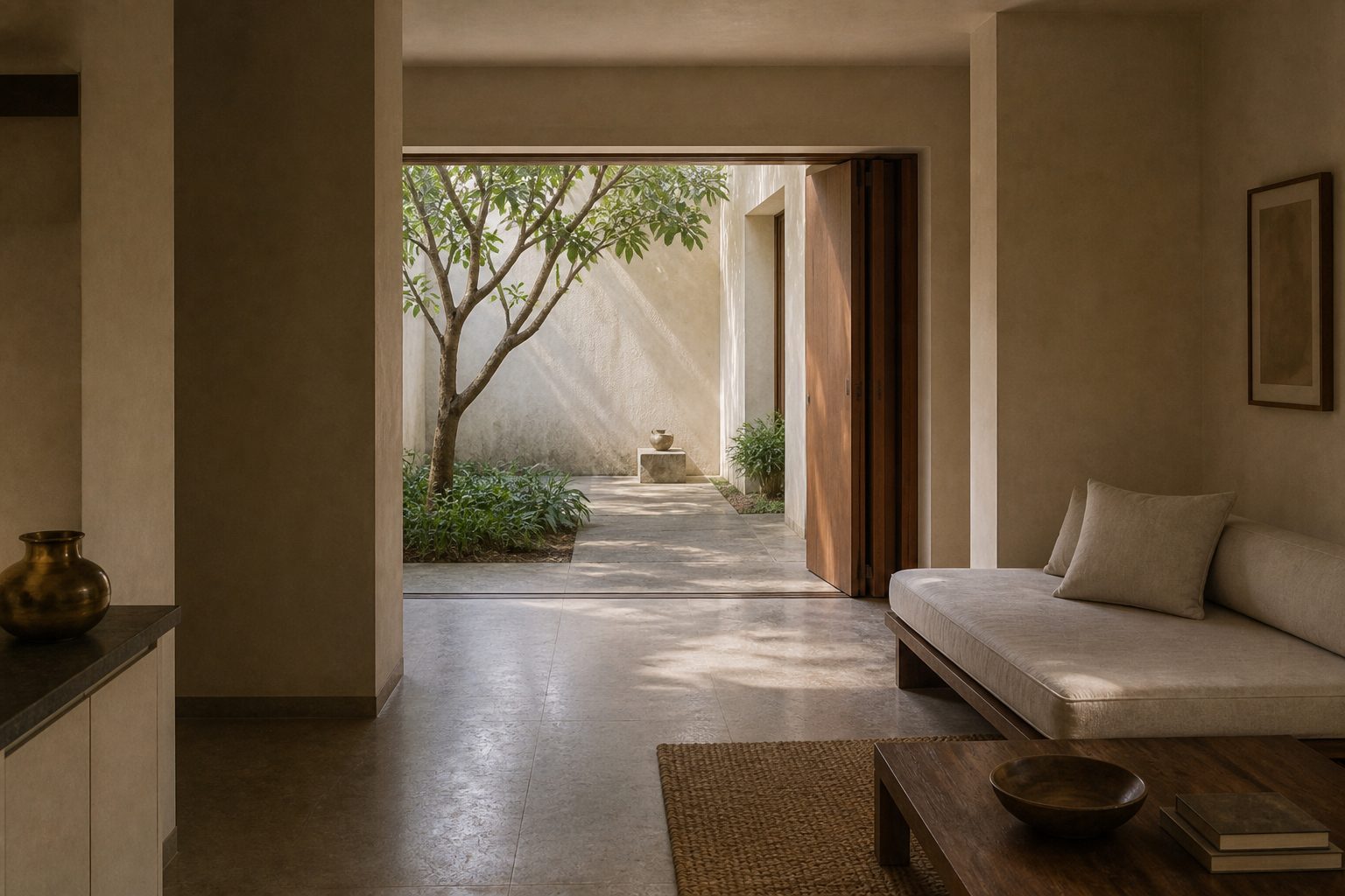 Contemporary Indian sitting room opening to a planted courtyard, with stone floor, plaster walls and daylight held by the architecture