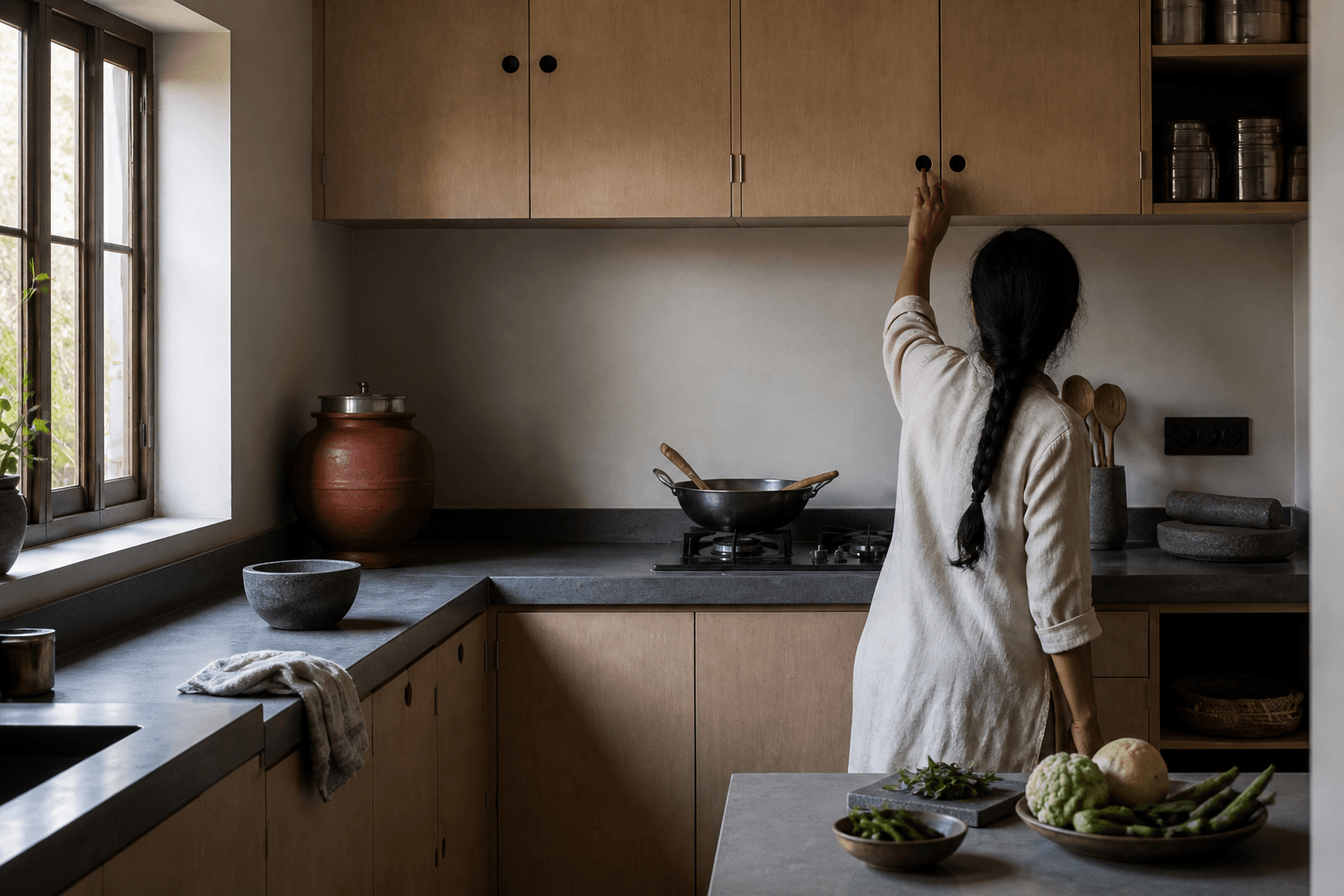 Contemporary Indian kitchen in side daylight, closed shutters above a honed worktop, the height of daily work made visible