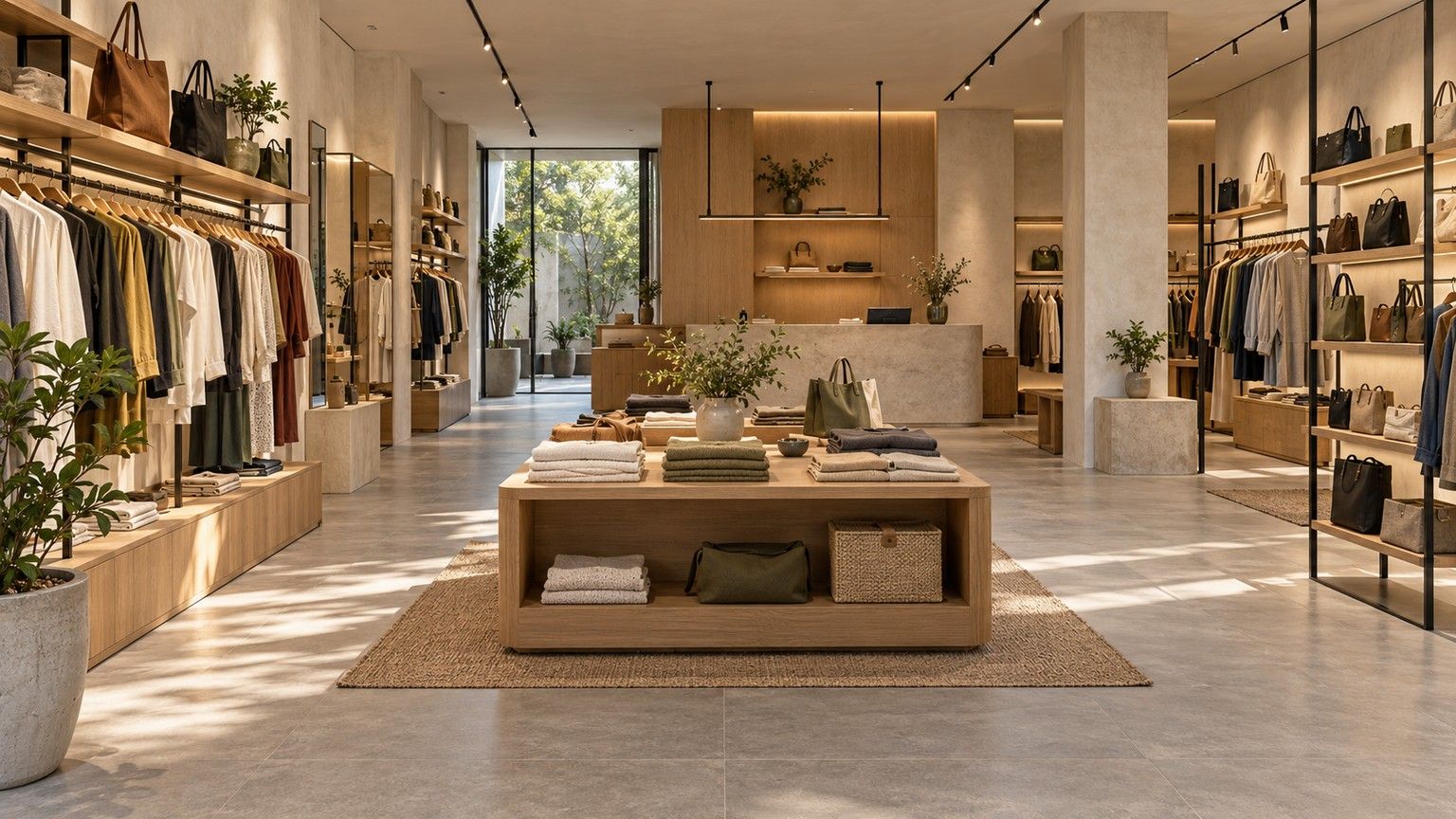 Illustrative retail interior with low central displays, perimeter merchandise and a visible route to checkout.