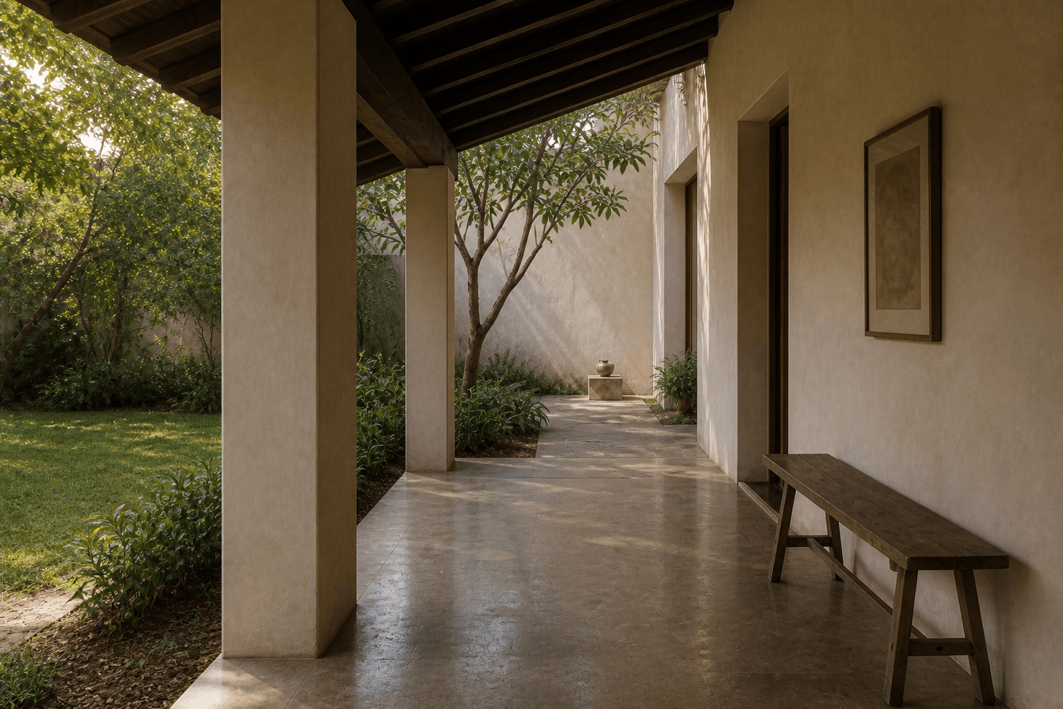 Shaded Indian verandah with a stone floor, a simple bench and late light held by a deep roof edge