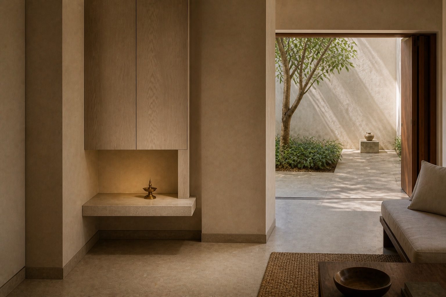 Quiet prayer alcove at the edge of an Indian apartment, closed timber joinery, a stone ledge and a brass lamp in morning side light