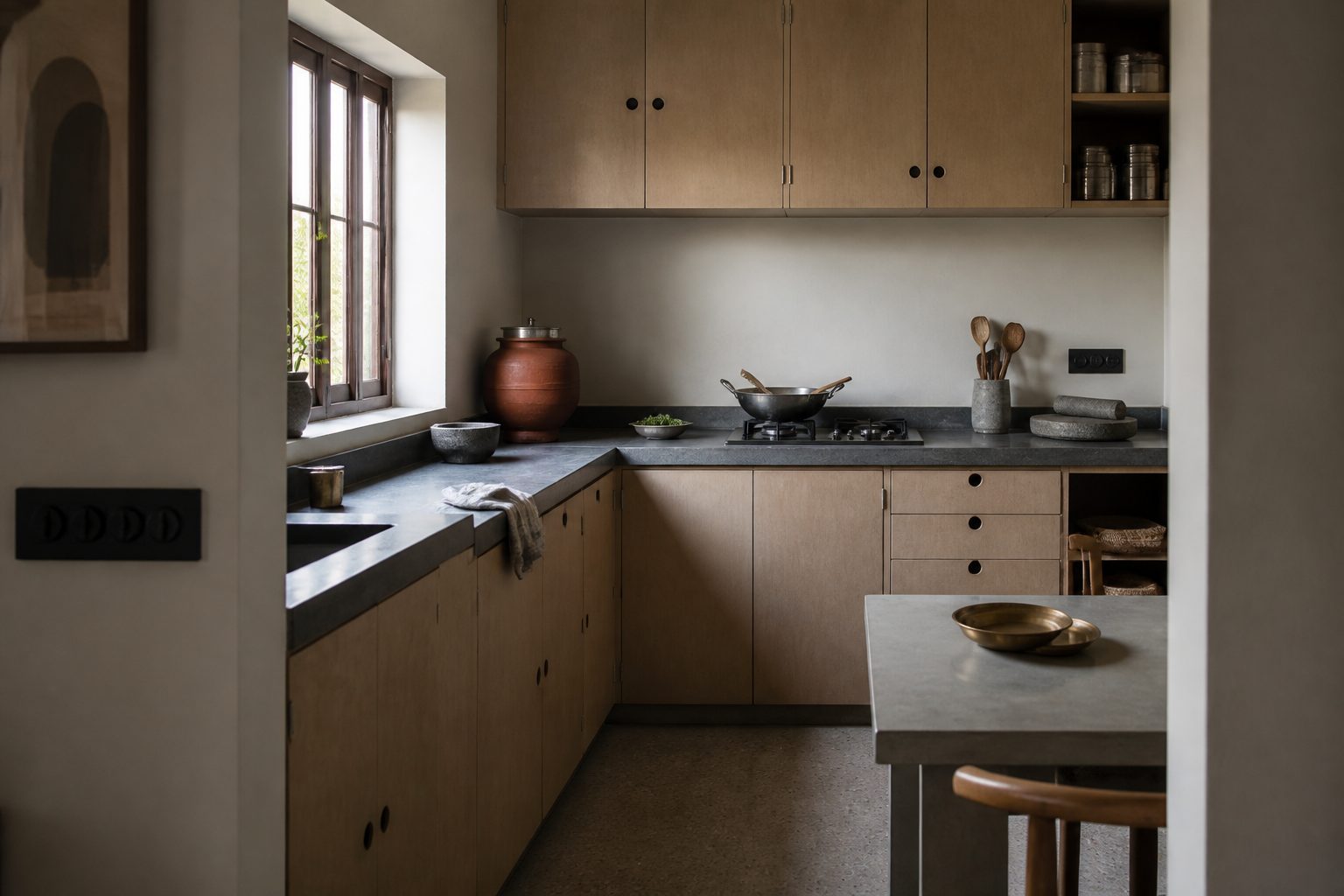 Contemporary Indian kitchen in morning light, with a working stone counter, closed shutters and a steel kadhai at rest