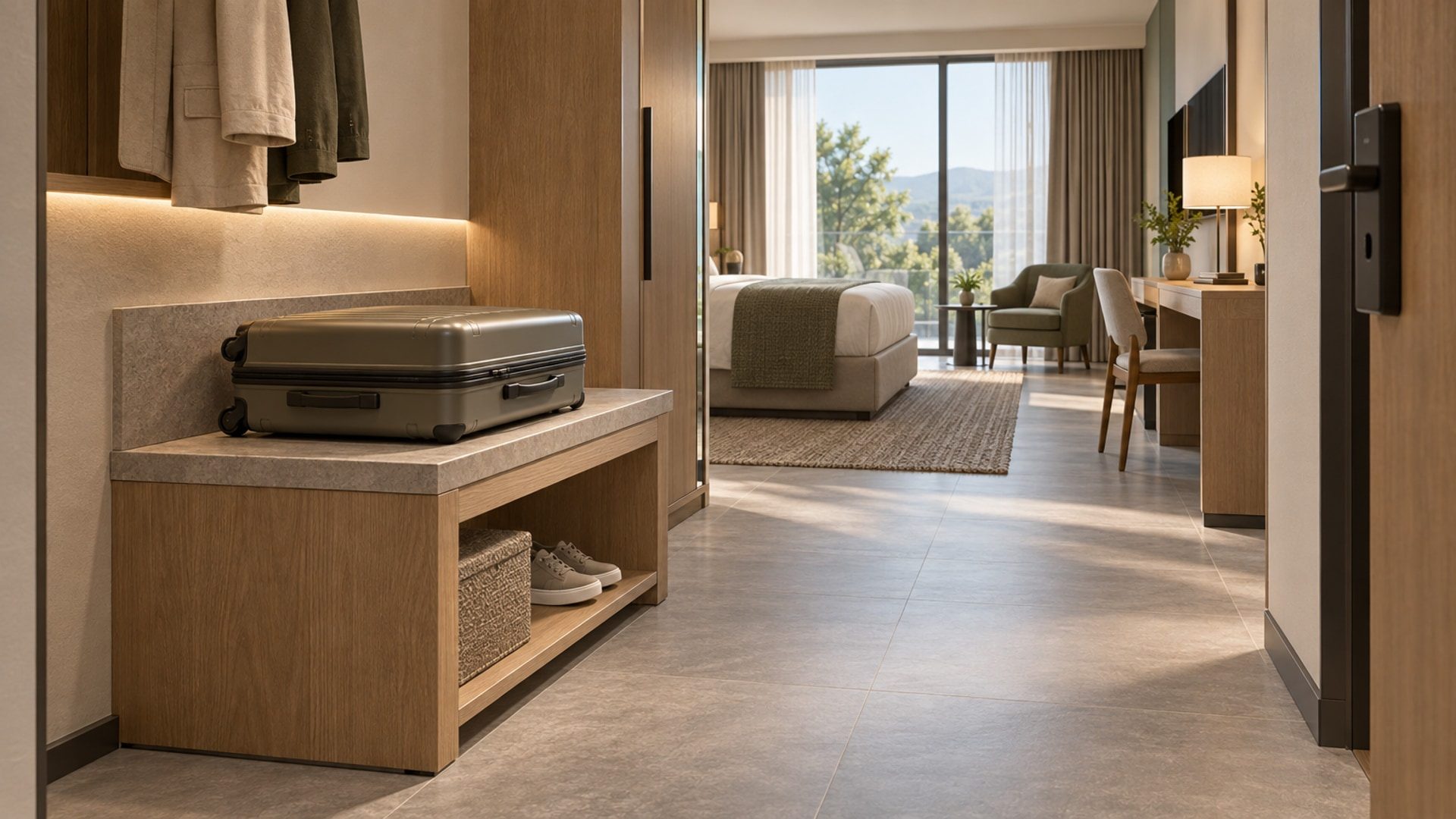 Illustrative hotel luggage bench with a suitcase, finished edge and clear route into the guest room.