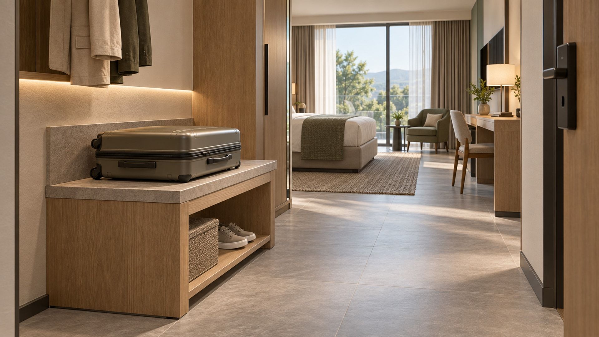 Illustrative hotel luggage bench with a suitcase, finished edge and clear route into the guest room.