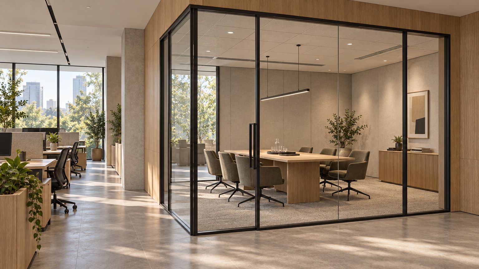 AI-generated illustrative meeting room with a glazed frontage beside an office desk area