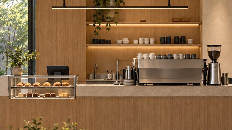 Conceptual timber-front coffee counter with mineral worktop, espresso machine and pastry display.