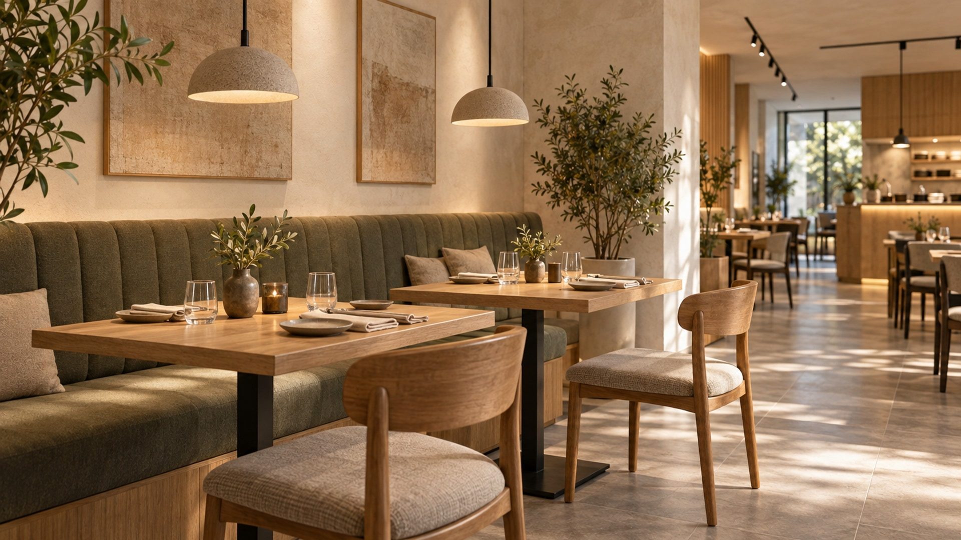 Hypothetical restaurant with movable timber tables, banquette seating and overhead lighting.