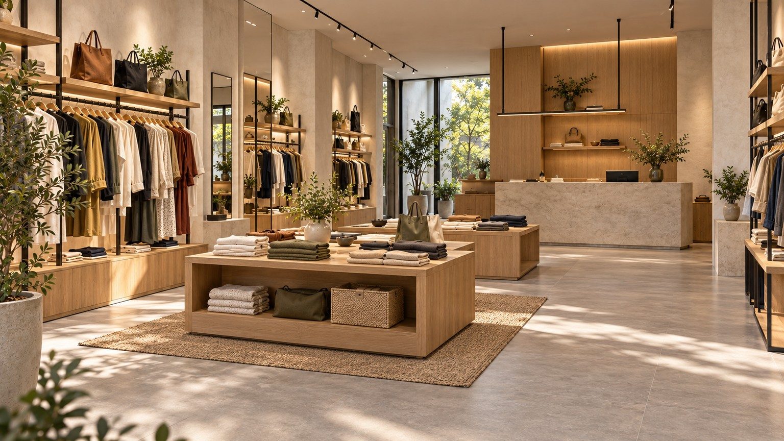 Illustrative view of browsing routes around low fixtures, with sightlines towards checkout.