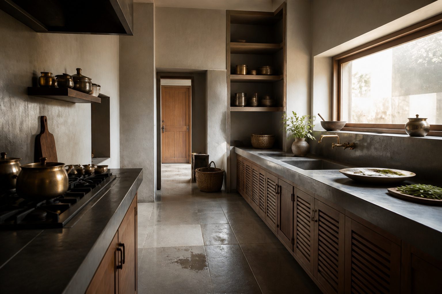 Wide view of an Indian kitchen as a climate room: deep window, washable shutters, and a wet-work counter in soft daylight