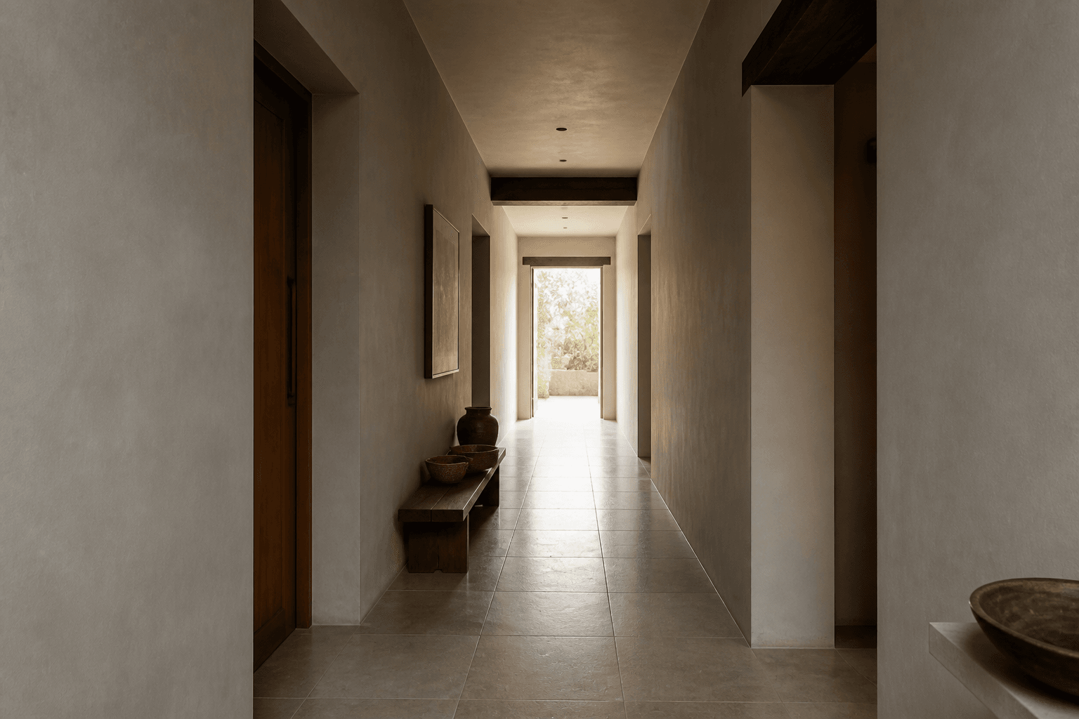 Narrow Indian corridor where two people can pass, with a clear floor and a low bench that does not block the way