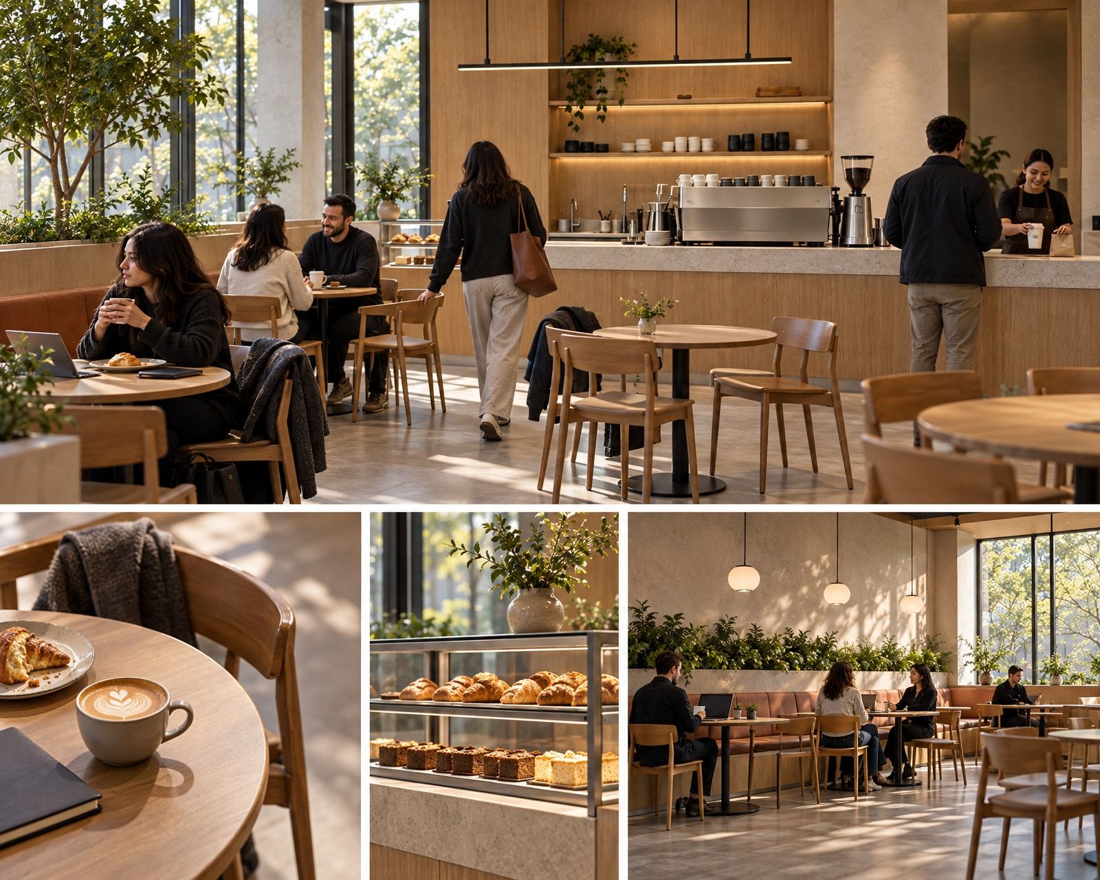 Conceptual café montage showing occupied seating, a customer standing beside a chair, pastry displays and tabletop details.