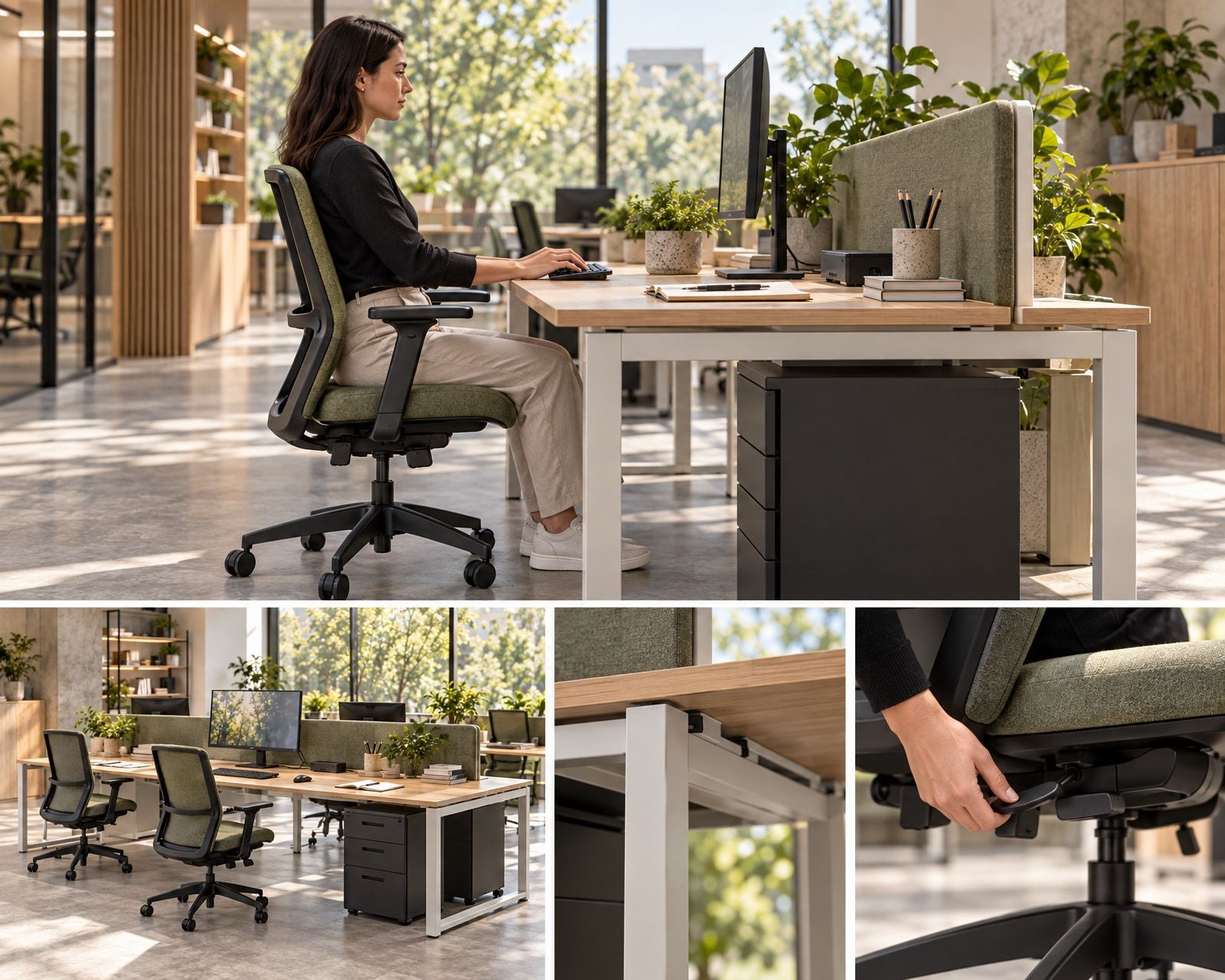 Conceptual side view of a seated user at a workstation, with a chair-control detail and space beneath the desk.