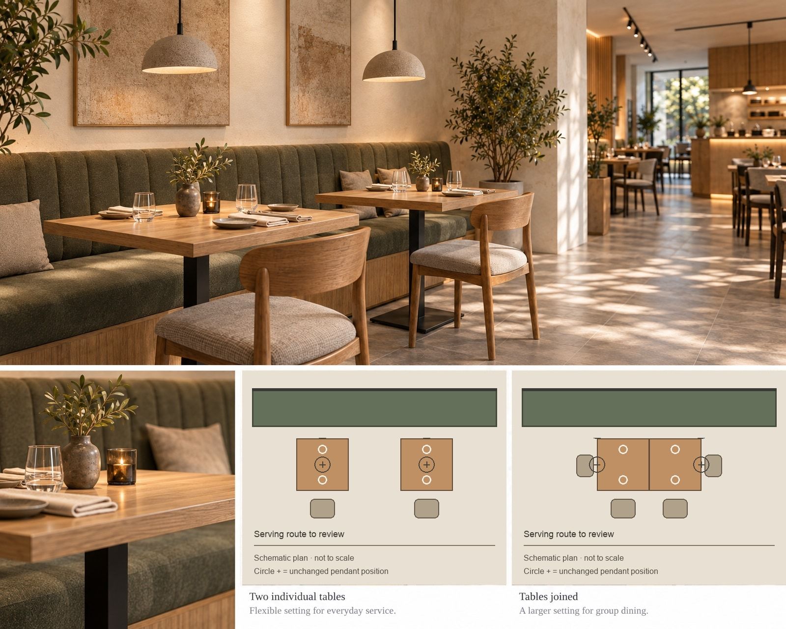 Paired illustrative plans comparing separate and joined tables beneath unchanged lighting positions.