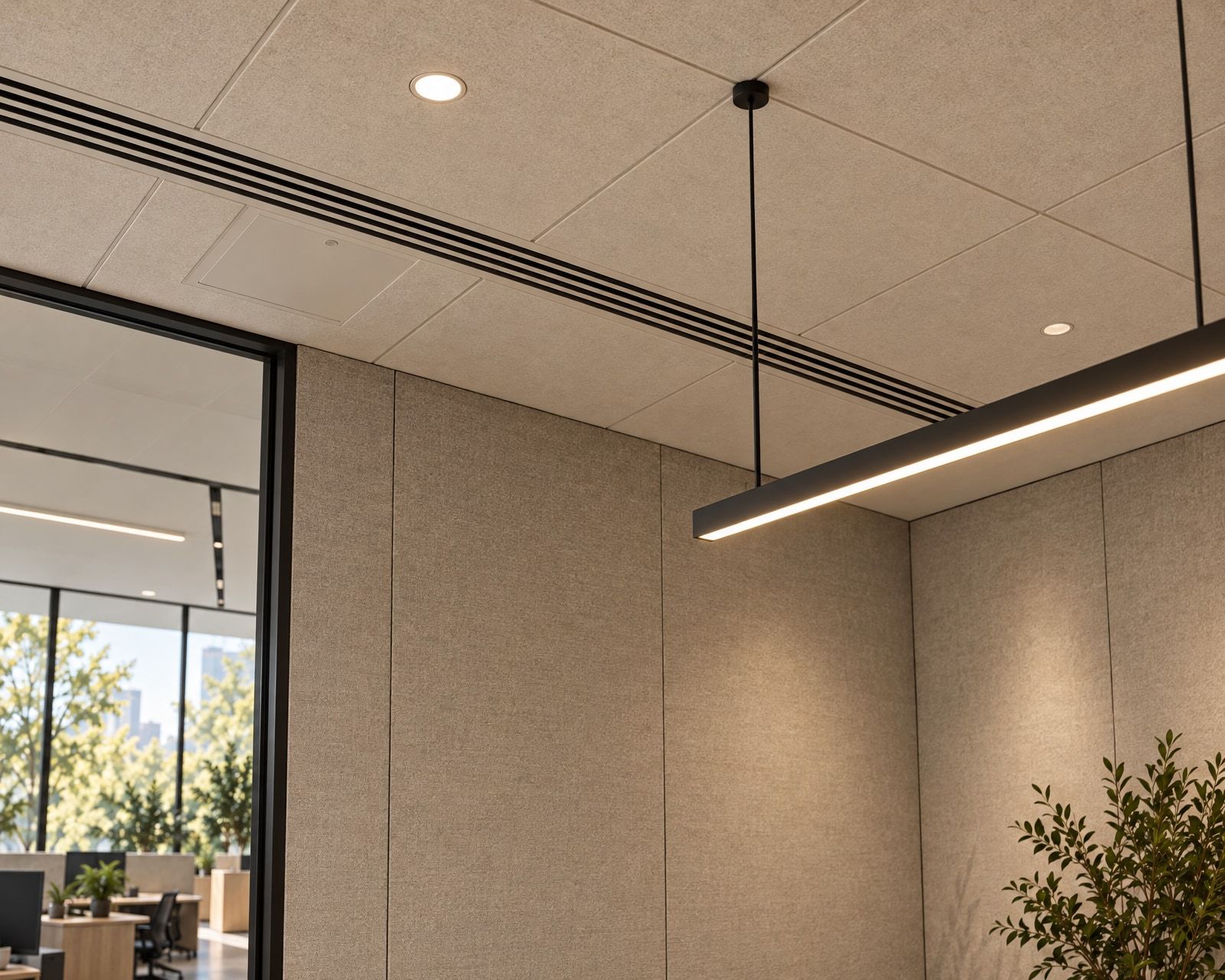 AI-generated conceptual ceiling, lighting and wall-treatment study beside a glazed meeting room