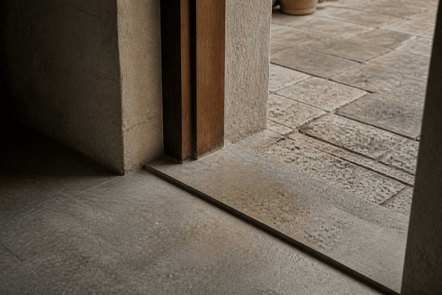 Stone threshold between a courtyard and an interior, with a shallow recess and a change of finish where grit stops