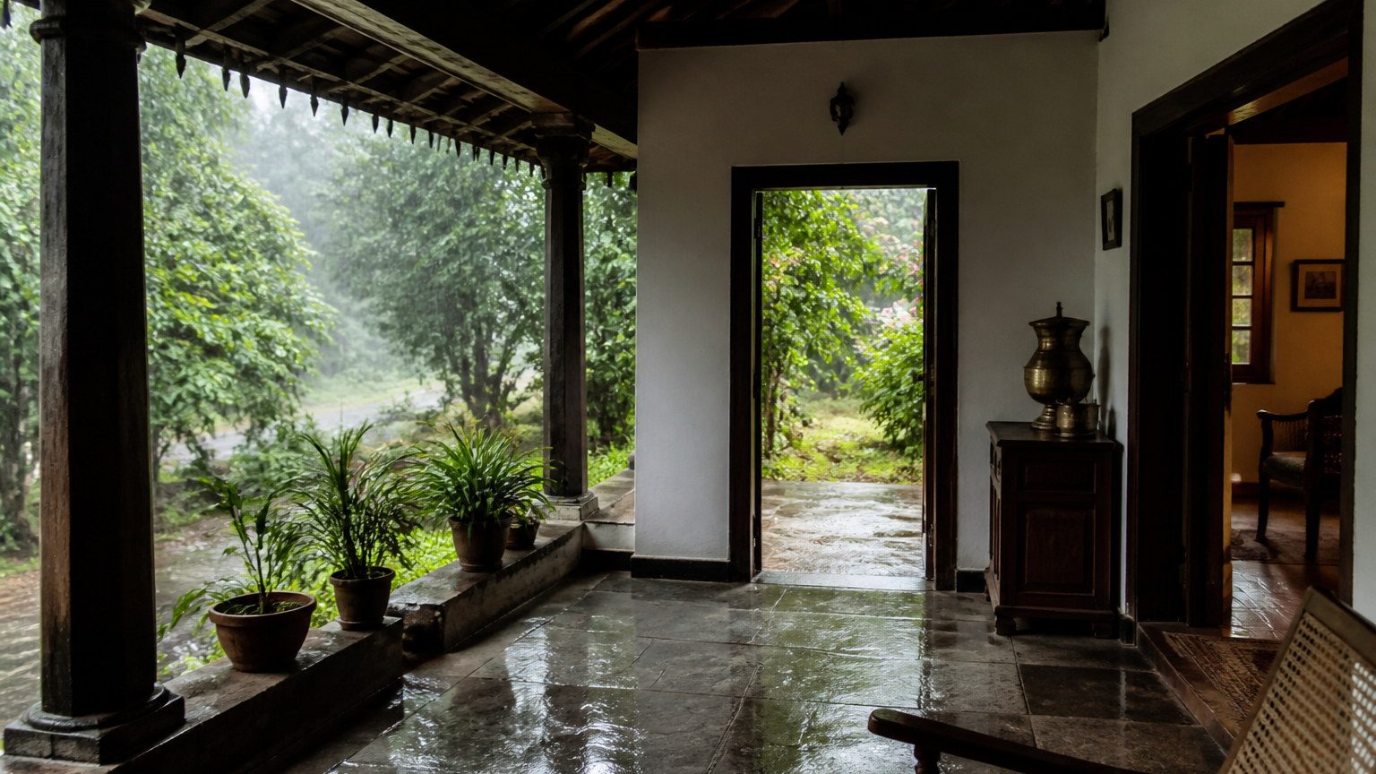 Covered Indian verandah in monsoon light with stone floor and rain beyond