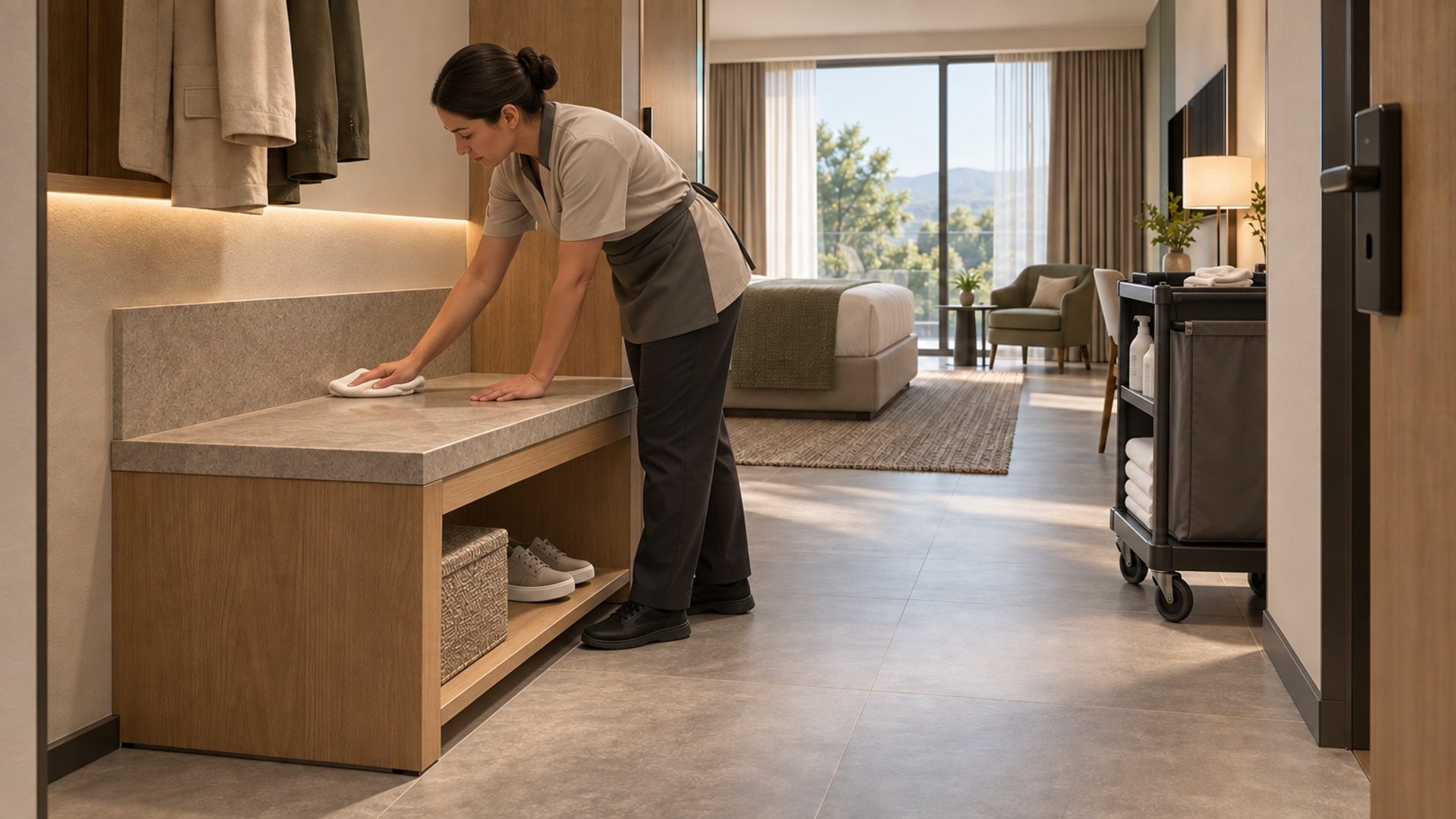 Illustrative housekeeping scene with access around furniture and a trolley outside the walking route.