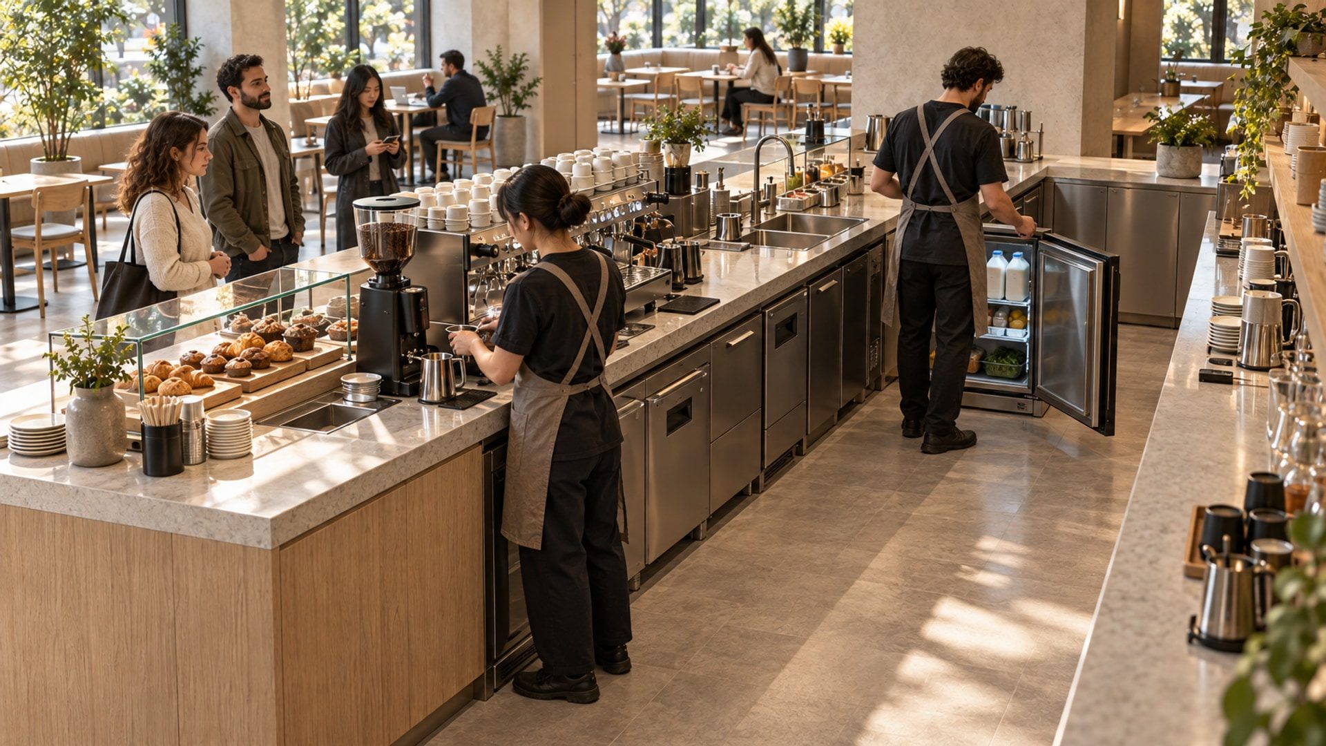 Illustrative staff-side counter view showing preparation, replenishment and an open refrigerator door.