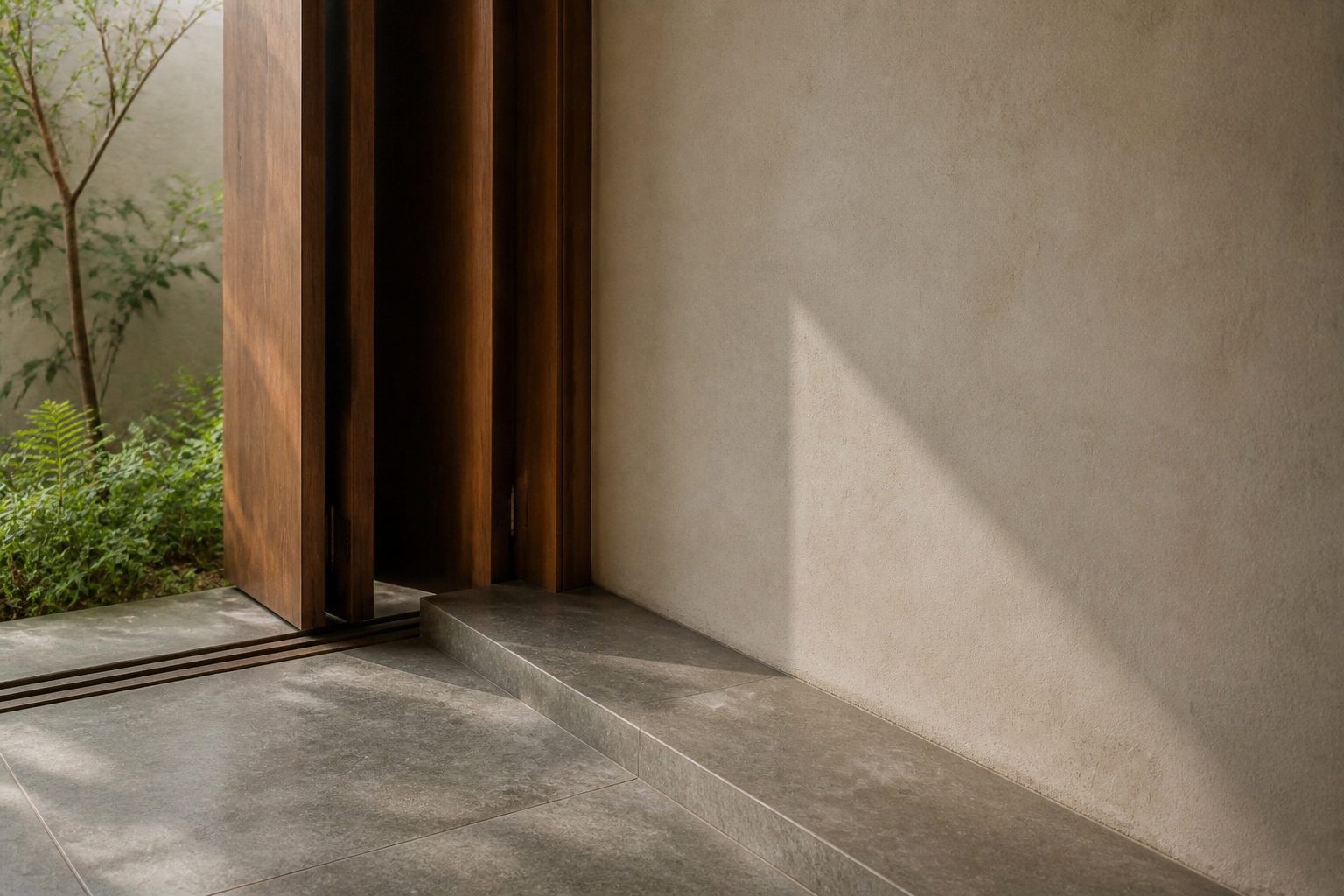 Window reveal in an Indian interior where honed stone, lime plaster and a planted edge meet in raking daylight