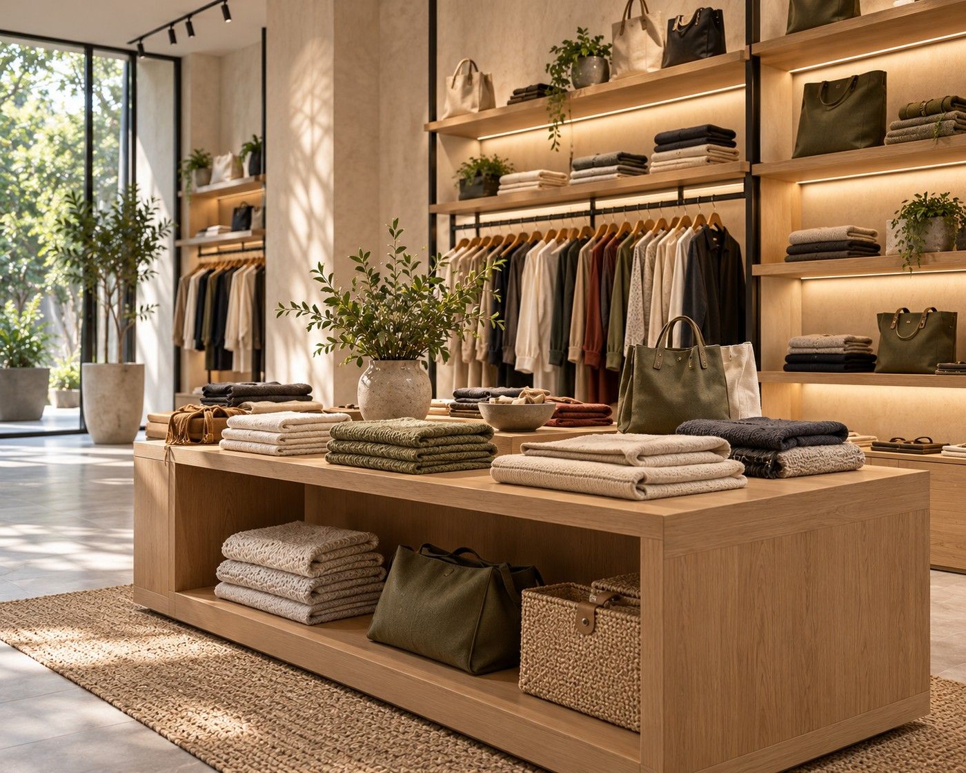 Illustrative shelf display with bags and folded textiles under balanced ambient and display lighting.