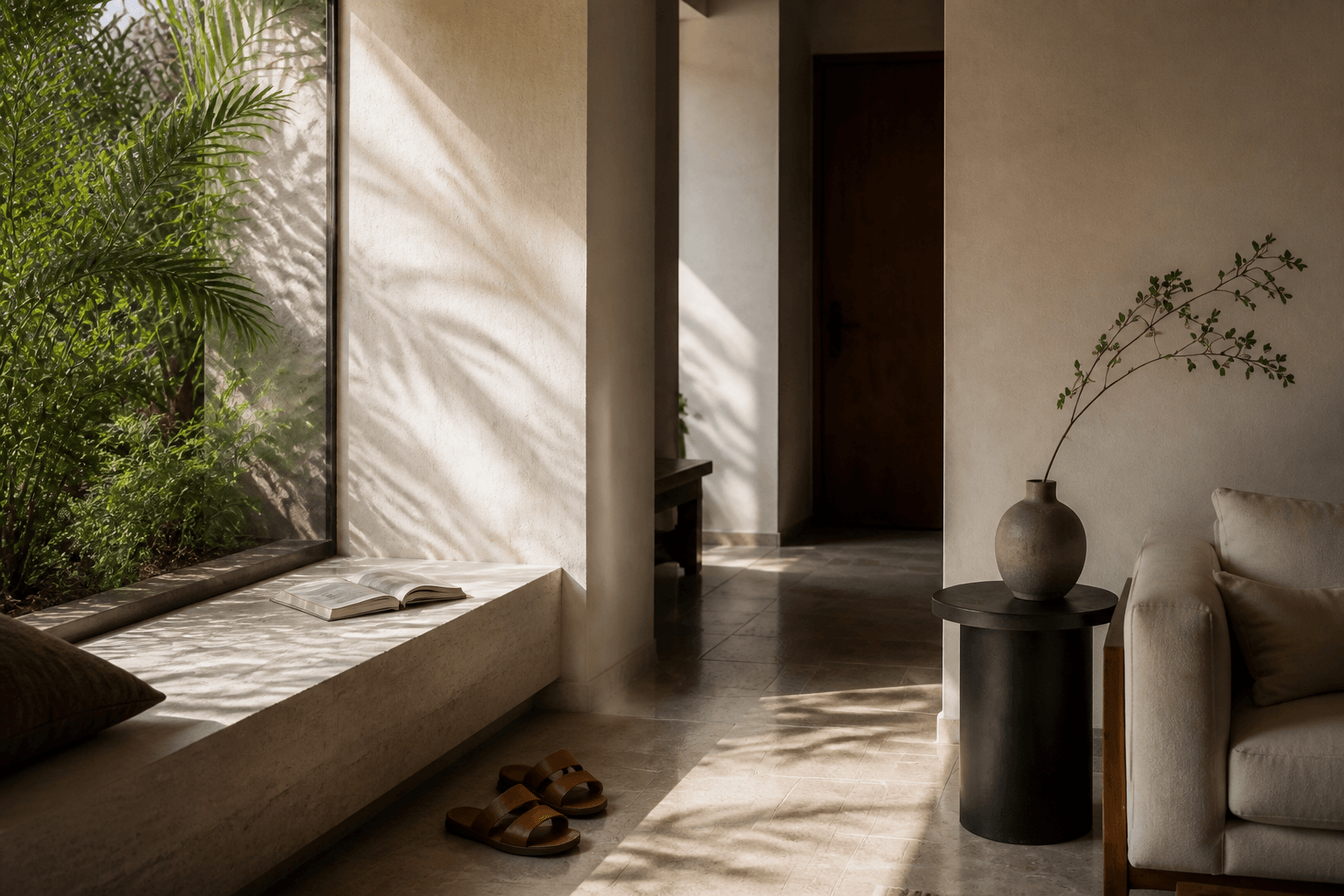 Low window seat in an Indian room, feet on the floor, a book on the stone, daylight on the plaster