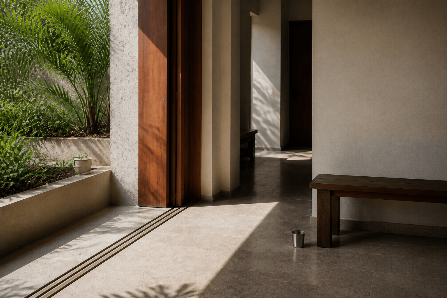 Simple timber bench on a stone verandah, a steel tumbler on the floor, shade cutting the afternoon