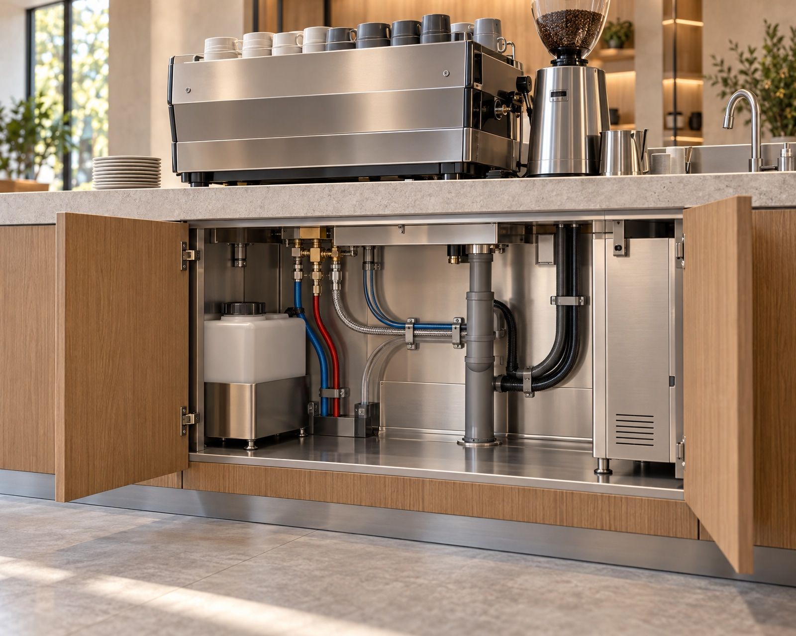 Conceptual accessible equipment-service cupboard beneath a coffee counter.