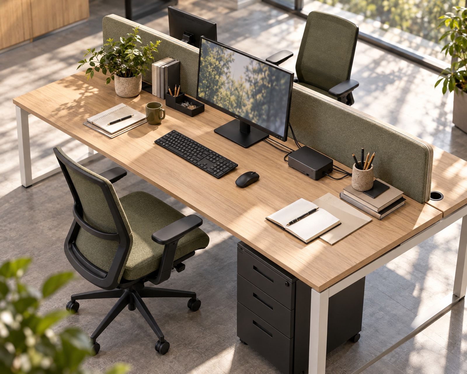 Conceptual workstation study showing the desk area occupied by screen support, input devices, documents and cables.