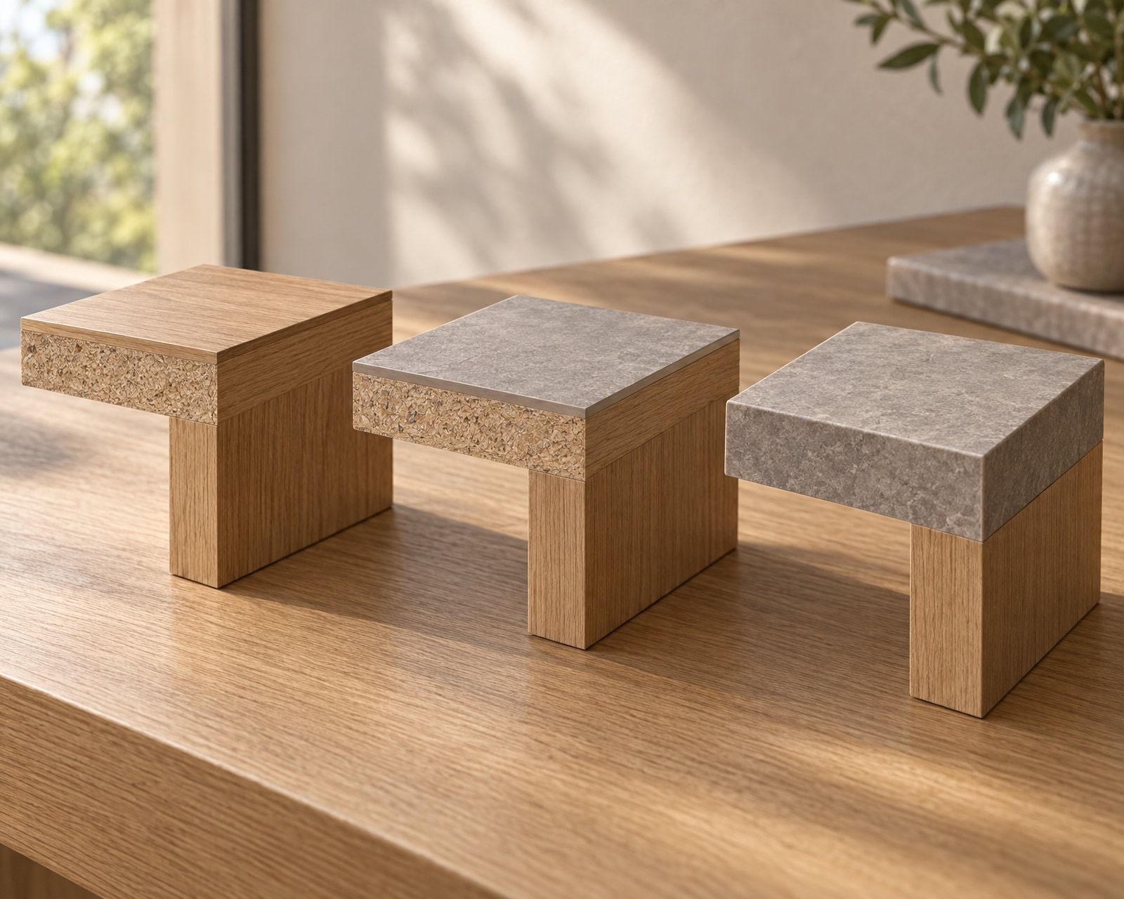 Three unlabelled corner samples with exposed board edges and timber supports on a plain work surface