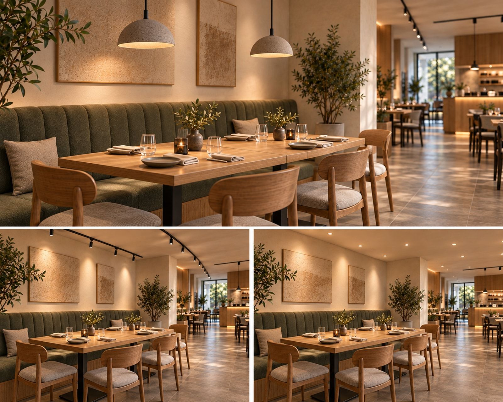 Three conceptual lighting alternatives over the same joined-table arrangement.