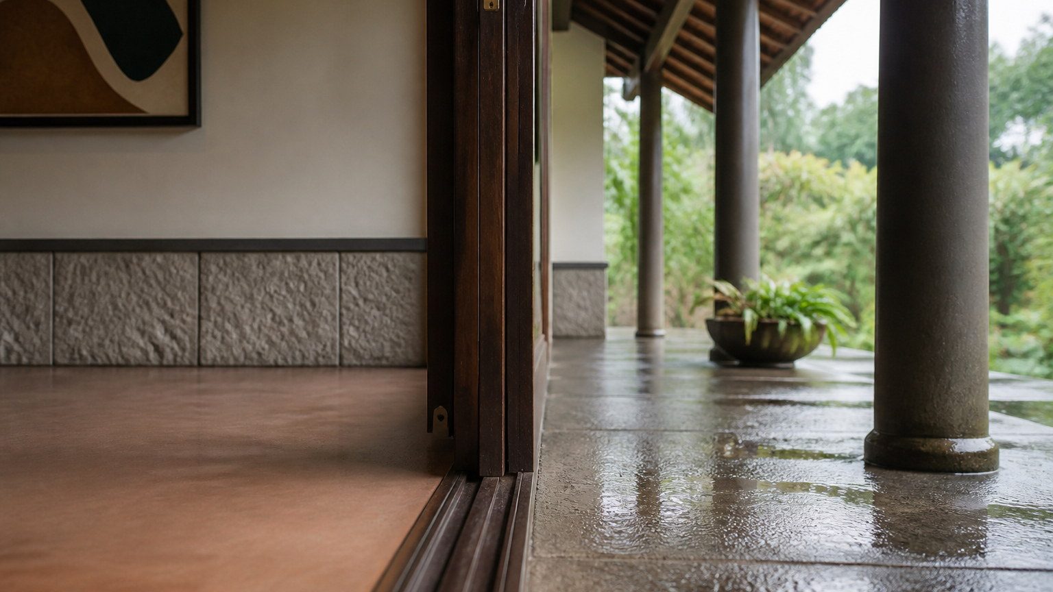 Stone dado and timber detail at a threshold between wet exterior and dry interior floor