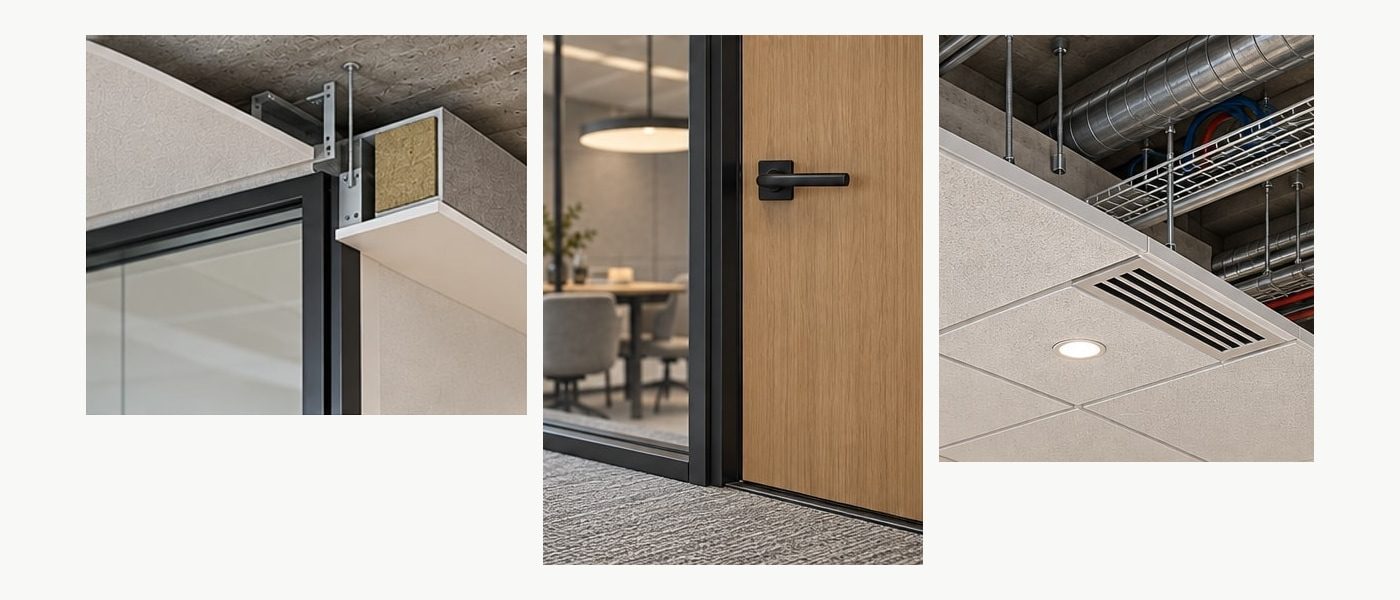AI-generated conceptual comparison of a partition head, door and glazing junction, and services above a ceiling