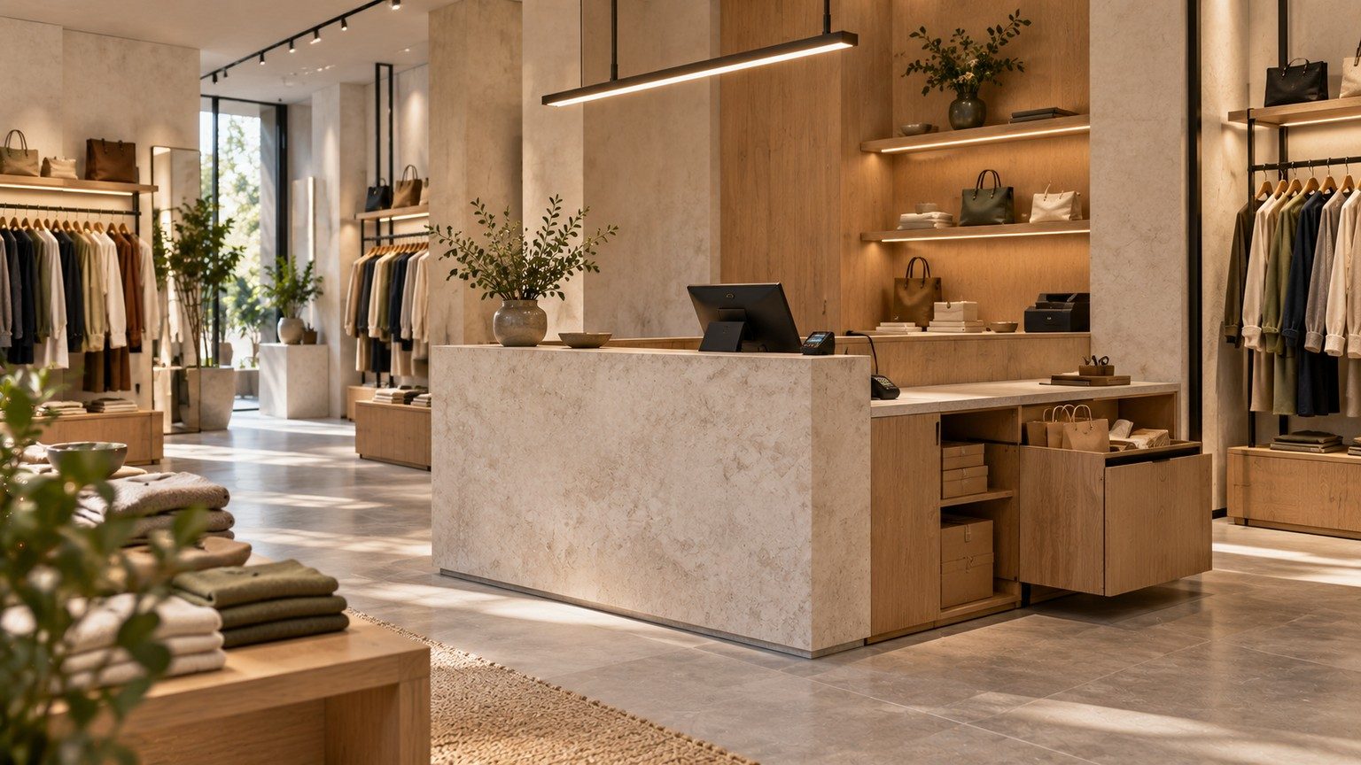 Illustrative checkout with payment equipment, packaging storage and integrated cable provision.