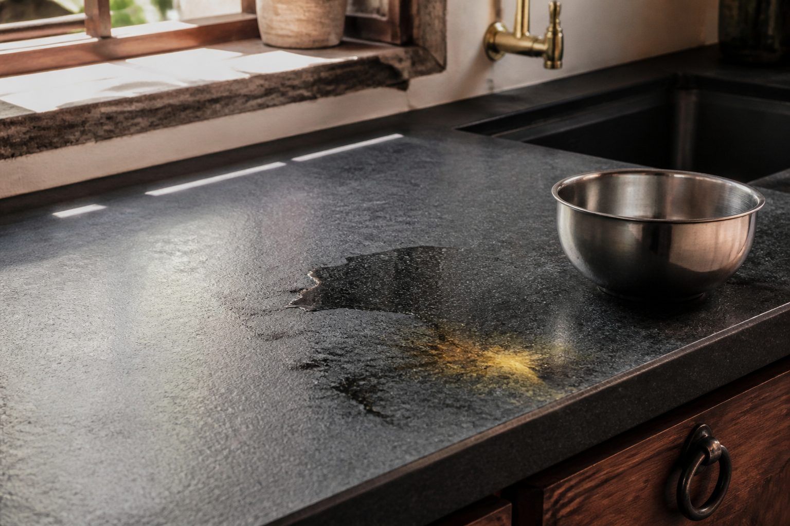 Honed stone kitchen counter used as a working surface, with a steel bowl and a wet patch in raking morning light