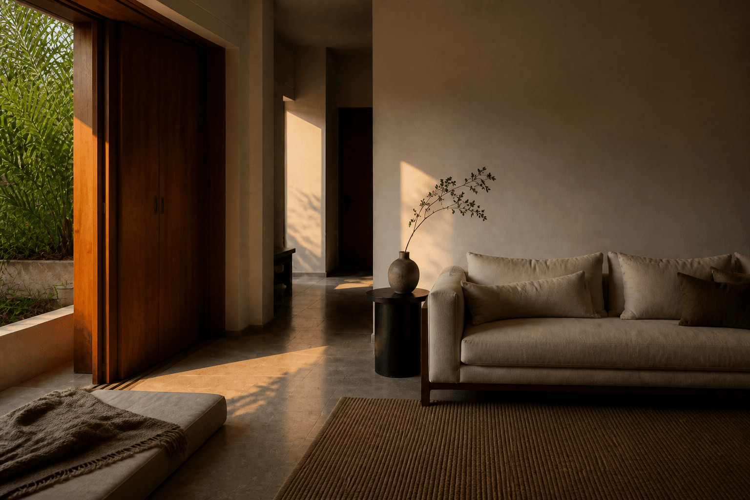 Same compact room in evening light, table cleared, a mattress edge visible, joinery still closed