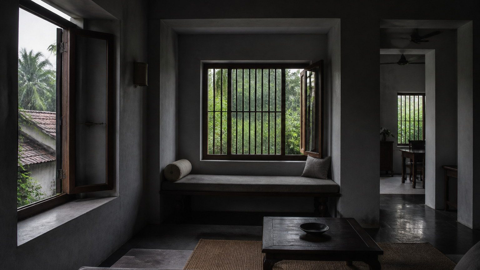 Indian home interior on a grey monsoon afternoon with soft light through deep reveals