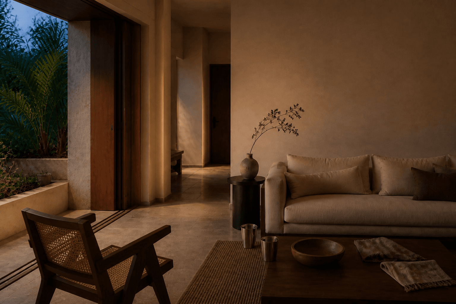 Lived verandah at dusk with two steel tumblers on the stone and a chair left at an angle