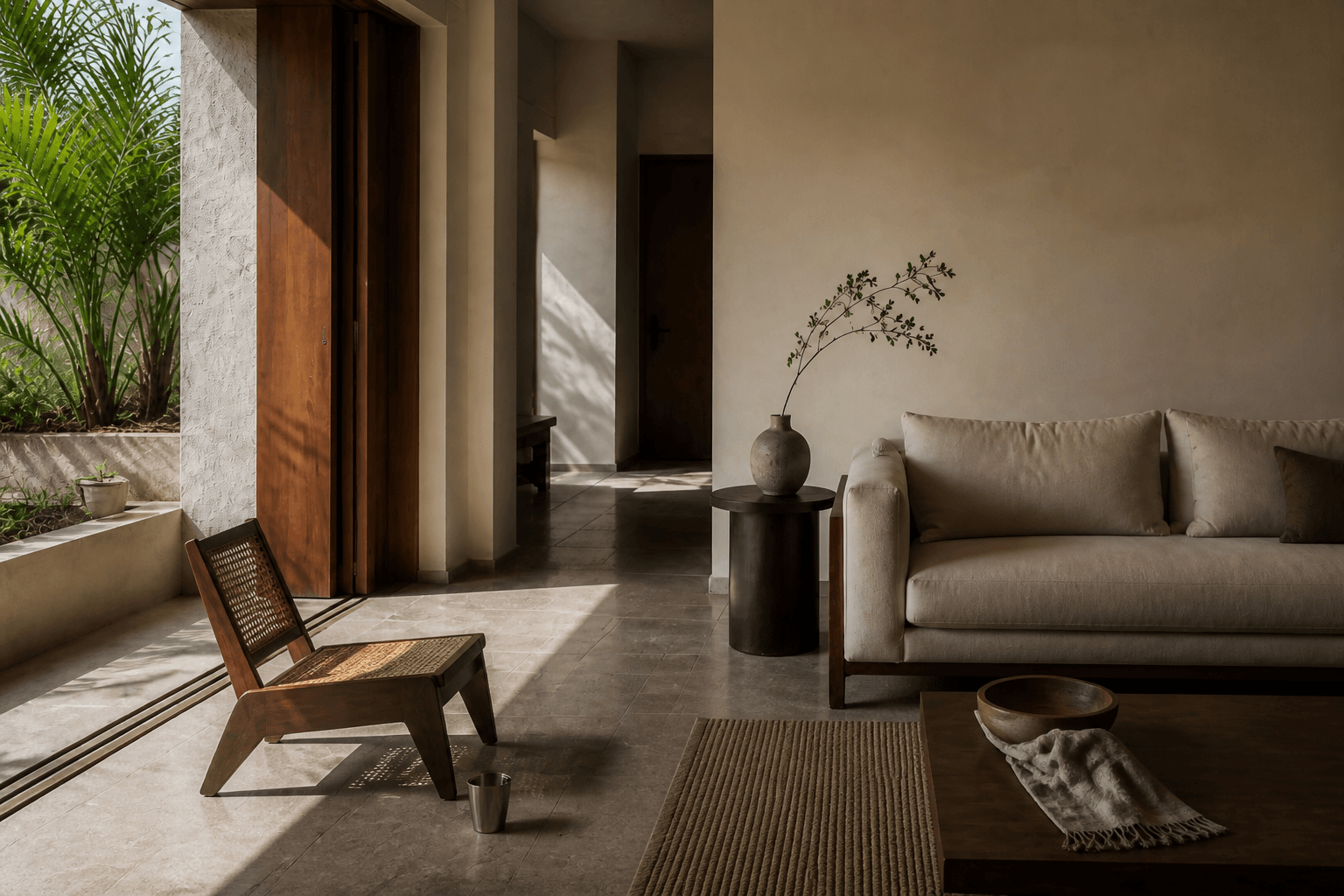 Lived Indian sitting room with a honed stone floor, a low chair and a steel tumbler, late light across the surface