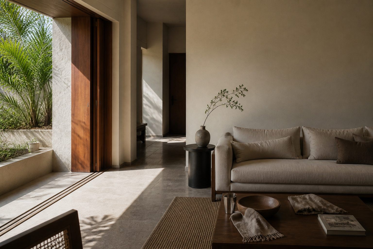 Lived Indian sitting corner in late light, with a book and a steel tumbler, a small plant on the sill and a garden tree beyond the window