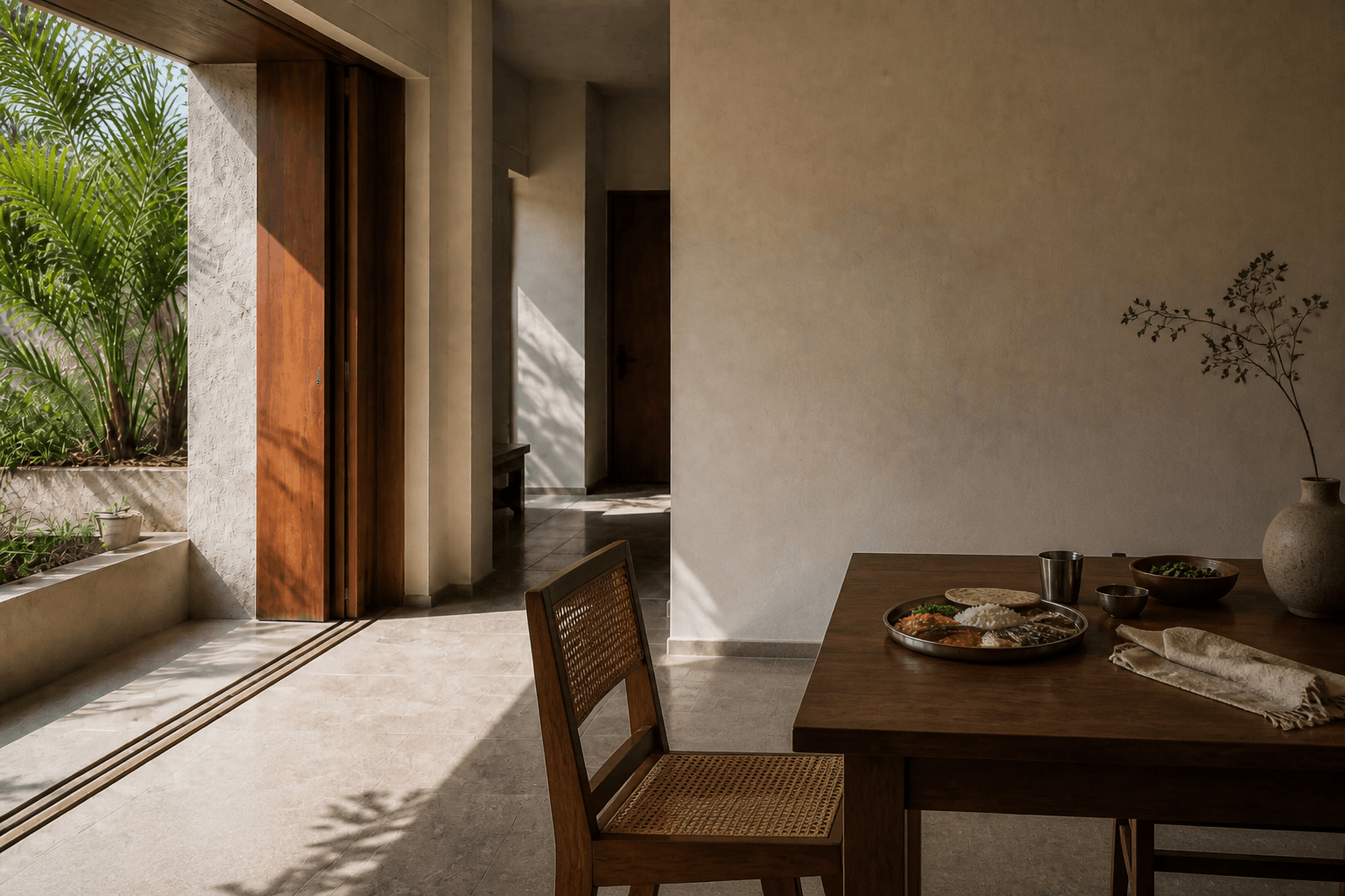 Lived Indian dining edge, a chair pulled back, a steel plate on the table, enough room to stand