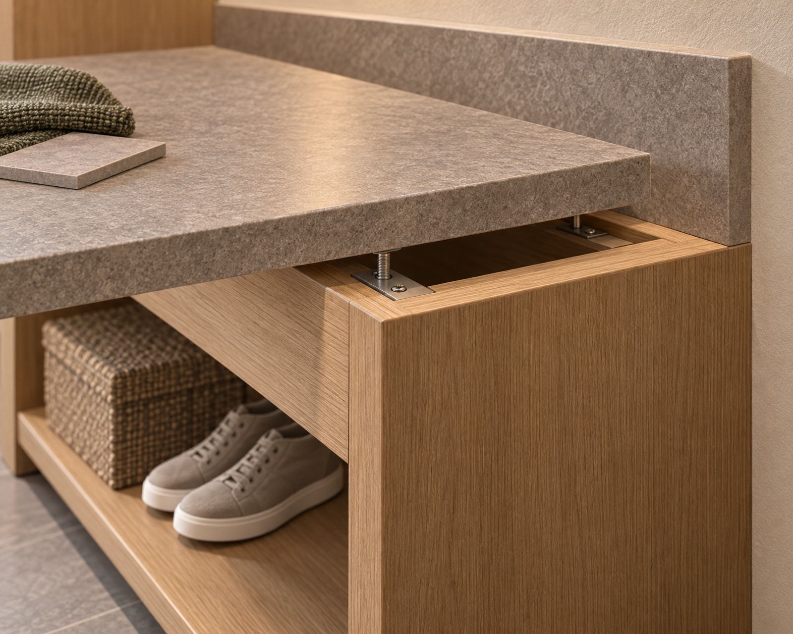 Illustrative luggage-bench mock-up with a joined corner, finished edge and accessible fixing.