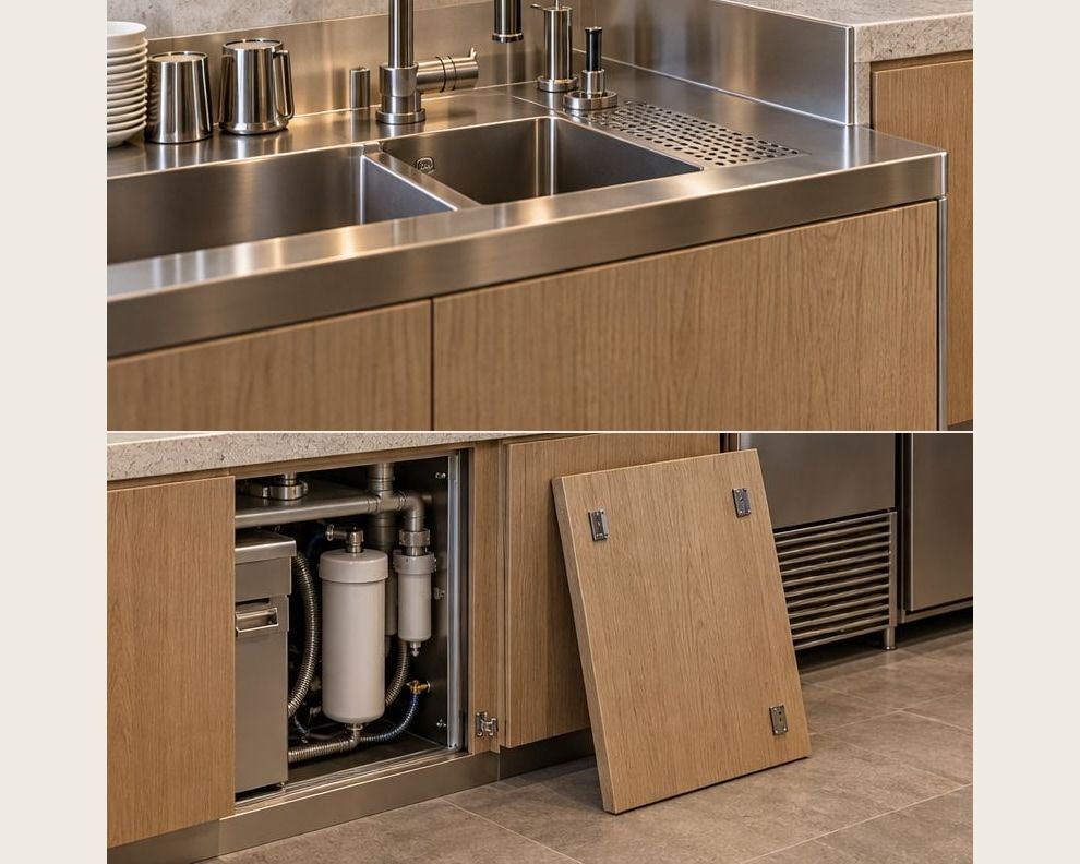 Two conceptual details: a stainless washing junction and a detached service panel beside its cabinet opening.