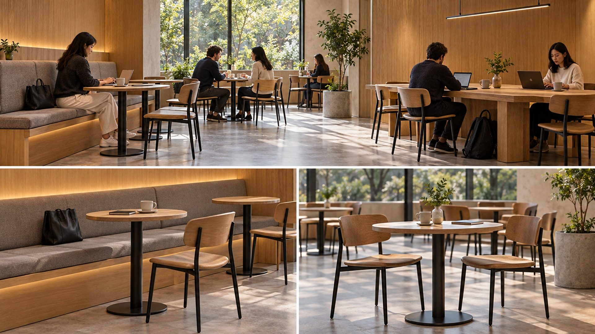 Conceptual café seating montage with occupied wall benches, loose tables and a shared table.
