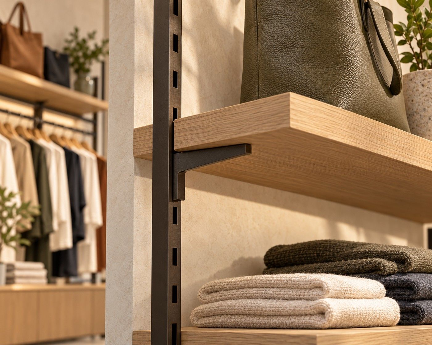 Illustrative timber display shelf with an adjustable metal support and finished edge.