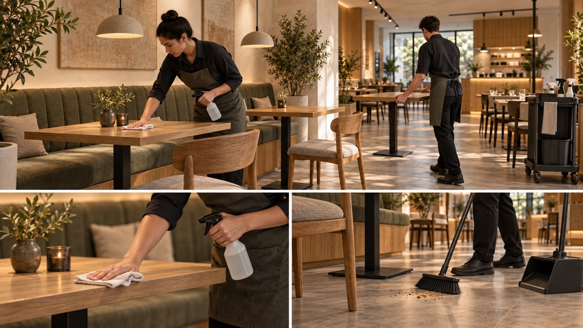 Hypothetical restaurant after service with staff cleaning and resetting tables under working light.