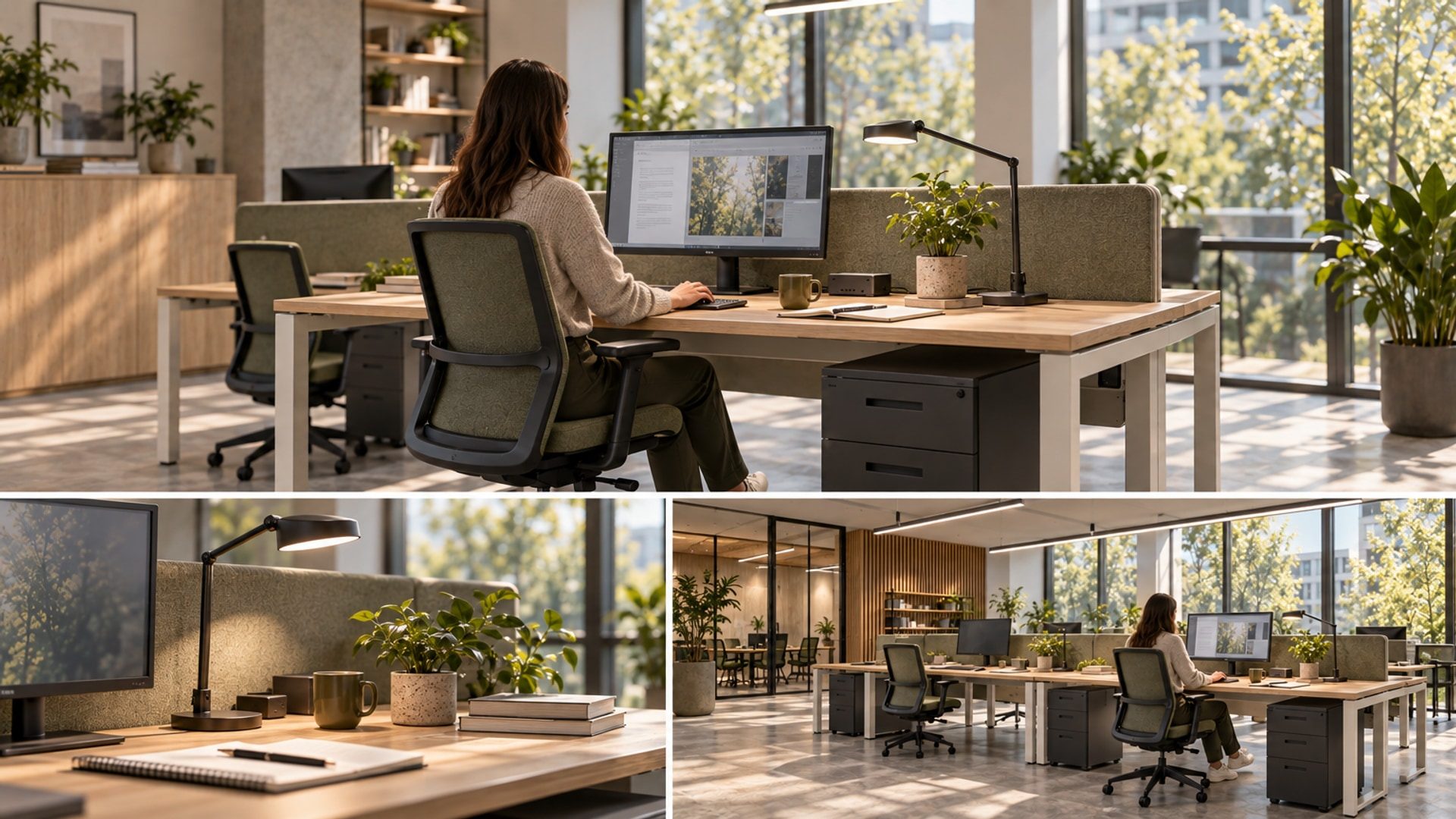 Hypothetical workstation showing the monitor and documents in relation to daylight and a task light.