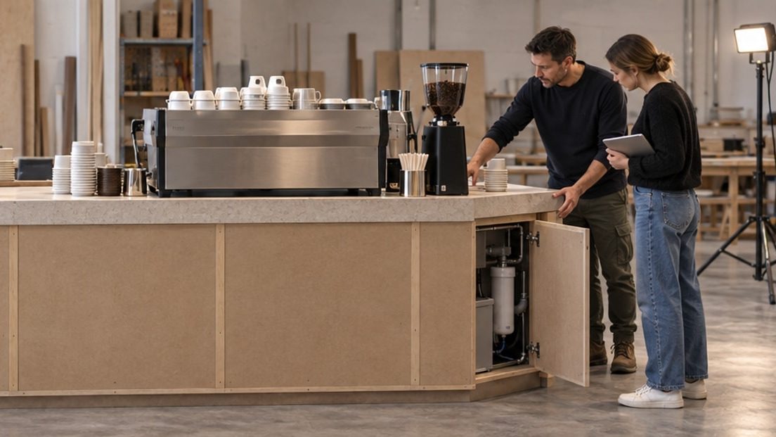 Conceptual mock-up review showing coffee equipment, two adults and an open service cupboard.