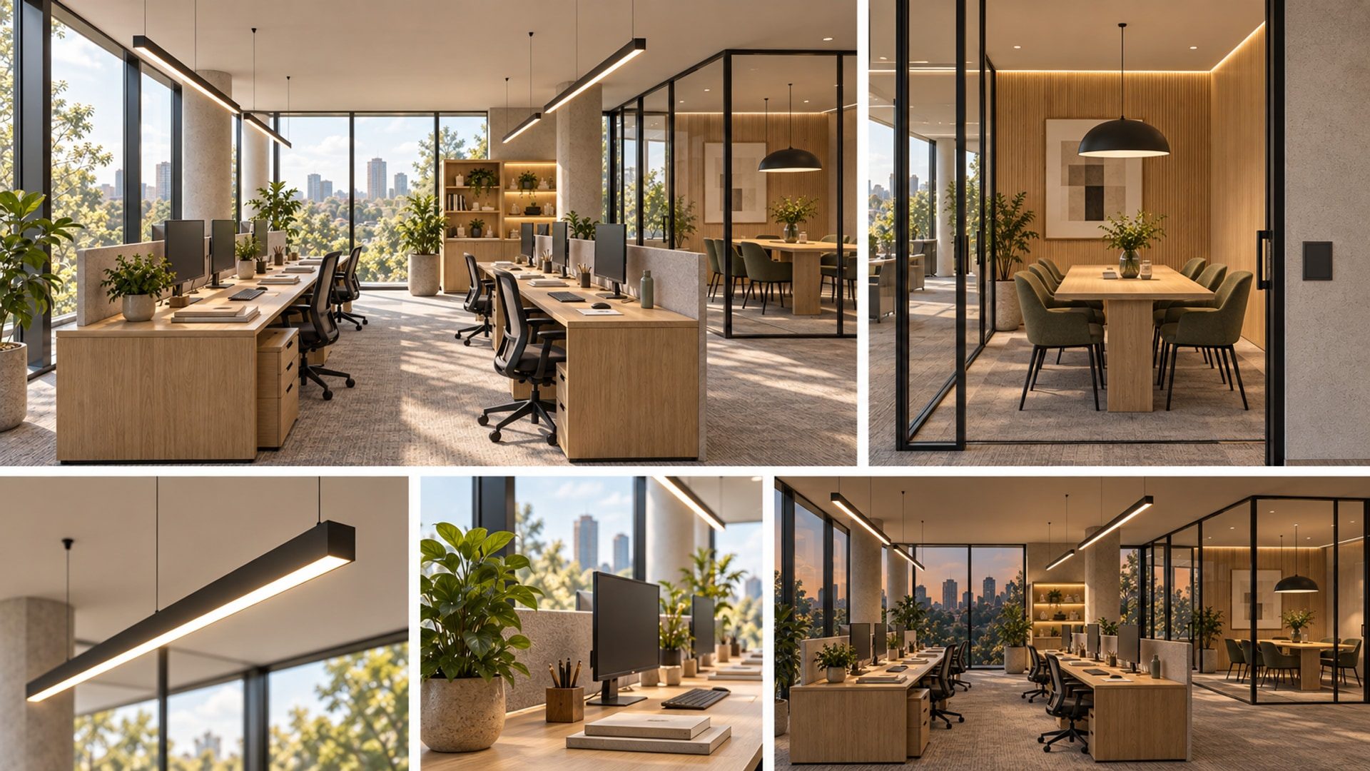 Separate illustrative views of office perimeter lighting and an adjacent meeting room with seating.
